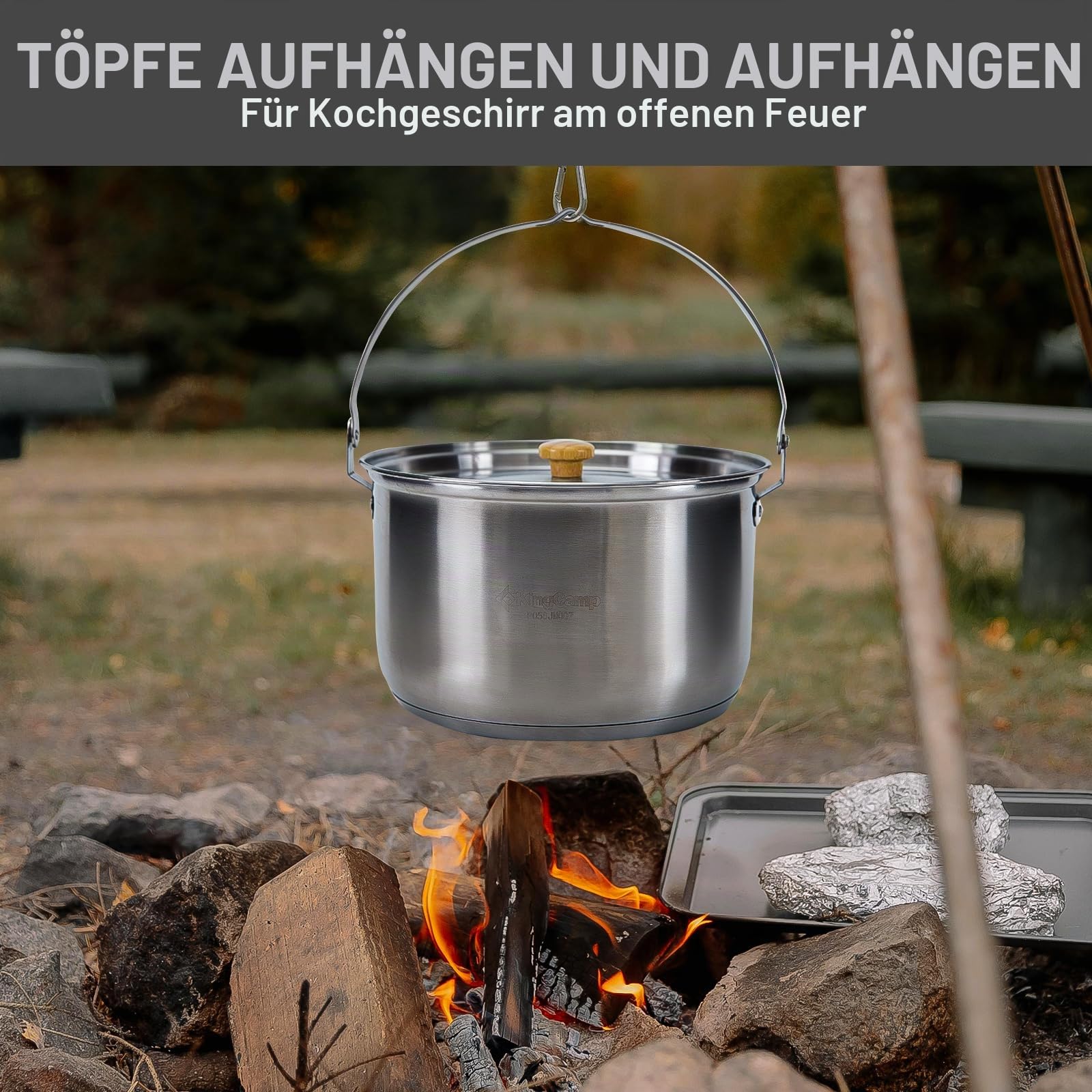 KingCamp Camping-Kochgeschirr-Set, 304 Edelstahl, Lagerfeuer, Kochtöpfe, Pfanne und Wasserkocher mit Reisetasche, für Camping, Outdoor, Küche, Kochen, Picknick für 4–6 Jahre | Tragbare stapelbare Lagerfeuer Kochtöpfe Pfanne und Wasserkocher mit Reisetasch
