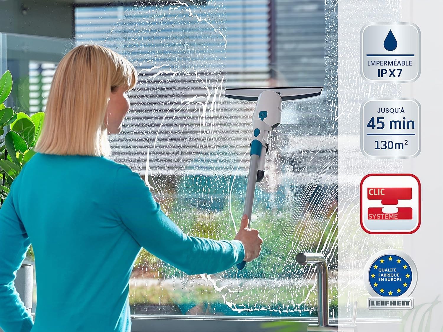 Leifheit Aspirateur à vitres et salle de bains Nemo, lave vitre électrique étanche avec adaptateur Click , sans trace ni goutte pour les surfaces lisses et les douches, utilisable 45 min, Click System