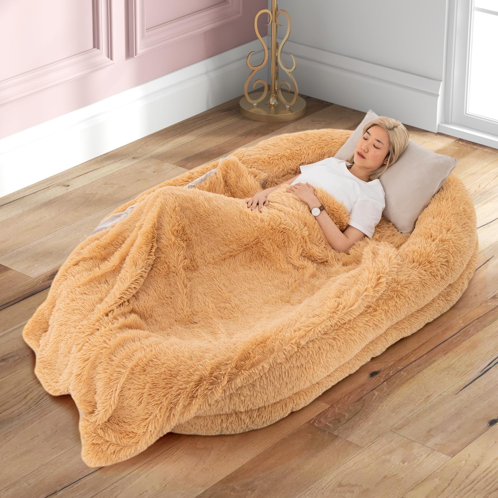 COSTWAY Cama para Mascotas y Personas, Cama Perro para Siesta Lavable y Esponjosa de Piel, con Correas de Almacenamiento, Funda Desmontable, Almohada Regordeta, para Personas, Mascotas