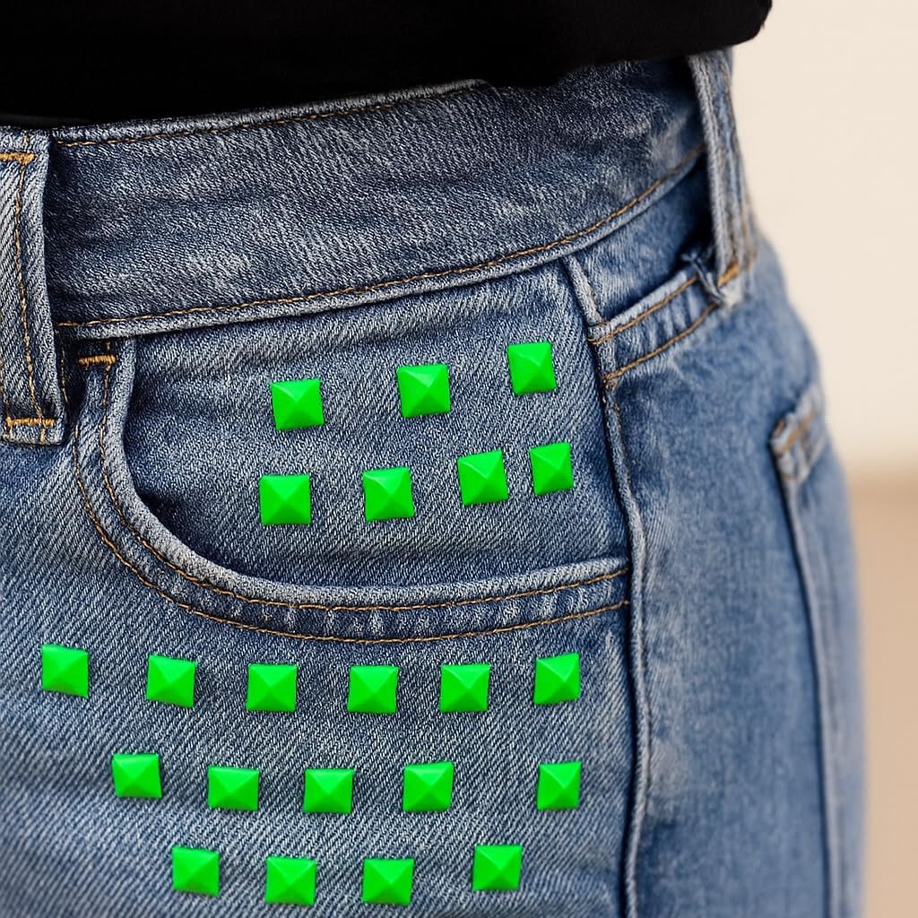100 PCS Green Neon Pyramid Studs Spikes Rivets, 9mm Square Metal Nailheads for Jacket, Jean, Punk Rock Clothing, Bags, Belts, Shoes, Leathercraft, Jewelry, DIY Crafts, Neoj Fluorescent with Four-Jaw