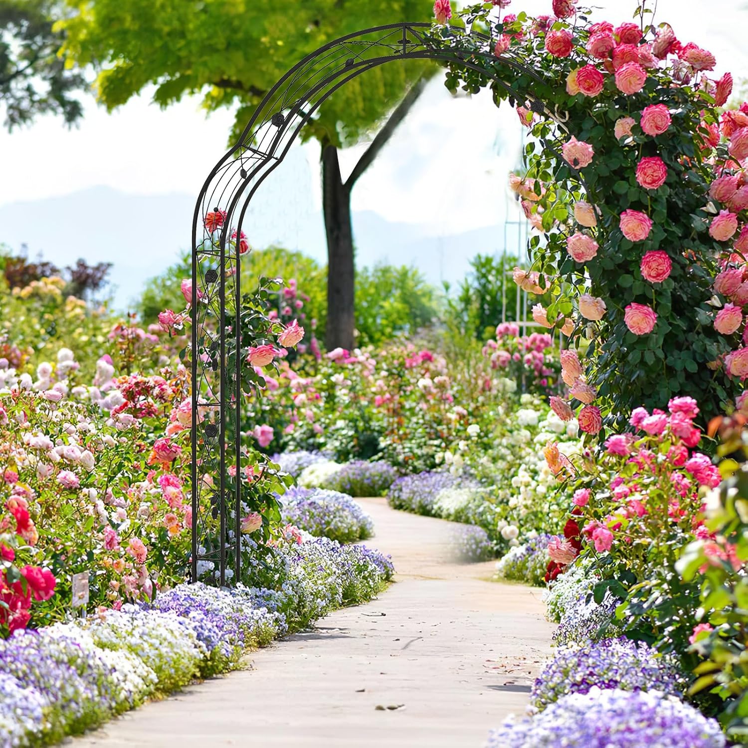 IRONMAX Garden Arch, Heavy Duty Galvanized Steel Arbor w/ 7 Sizes & Metal Flower Leaf Decoration, Outdoor Garden Trellis for Climbing Plants Rose Vines & Wedding Party Ceremony