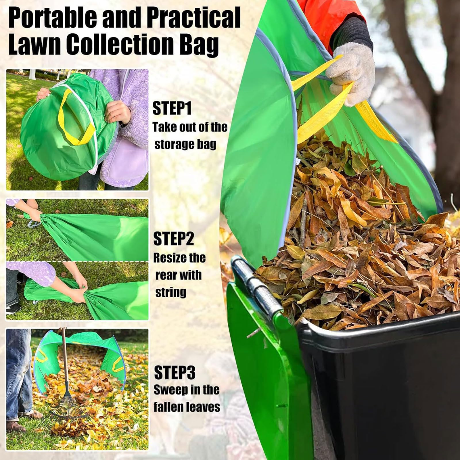 Bolsa de Recogida de Hojas caídas 70 galones,Bolsas de jardín Reutilizables,Plegables,con Asas,Gran Capacidad,Resistente a Los Rayos UV,Robusto,Resistentes al Agua,para césped,Hojas