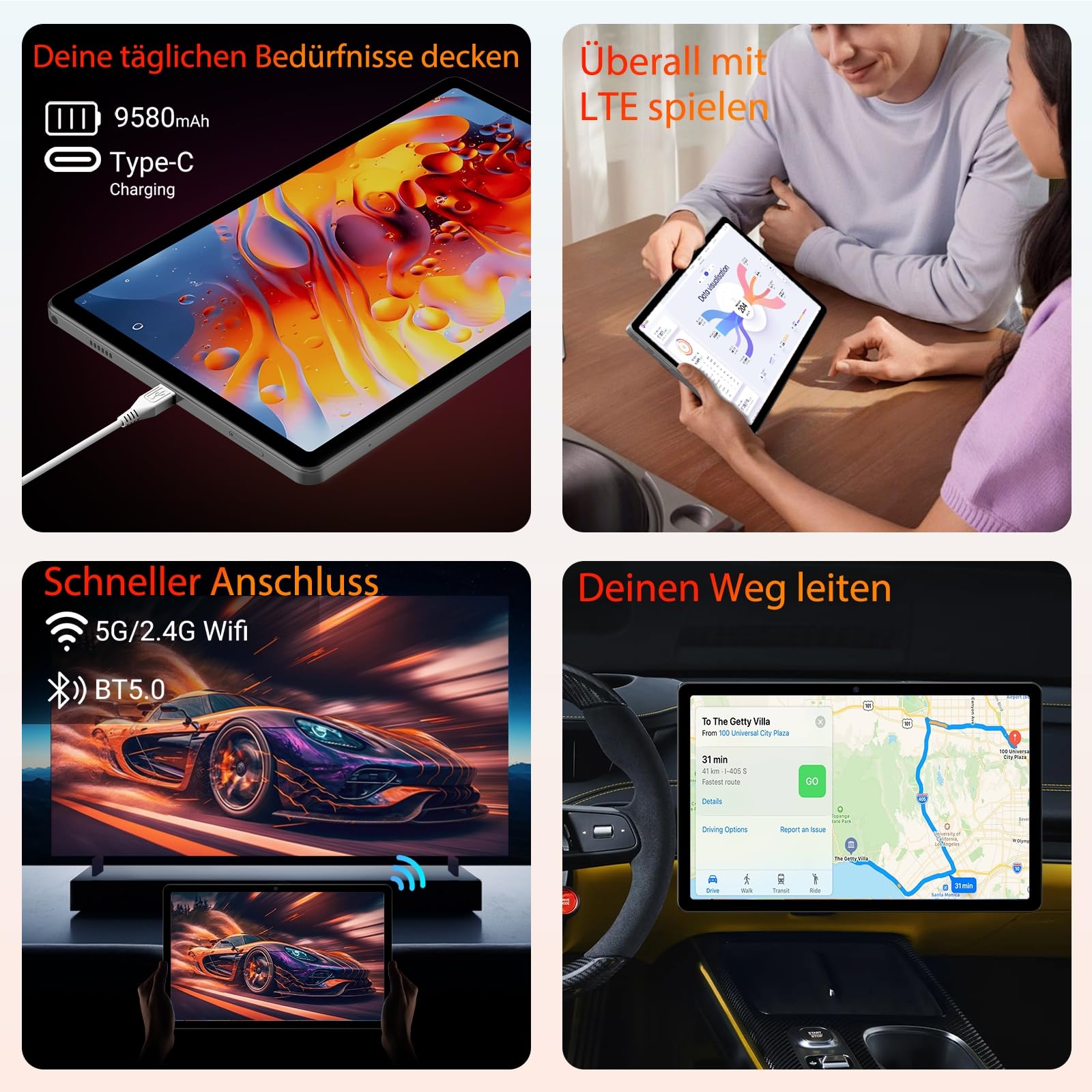 Tablet 11 Zoll Cellular, 2K FHD, 36GB RAM+256GB ROM/1TB TF, 4G LTE Dual SIM+5G WLAN, 2GHz Octa-Core Android 15 Tablets mit 9580mAh Akku, 13MP, GPS, GMS, mit Tastatur/Stift/Maus/Hülle