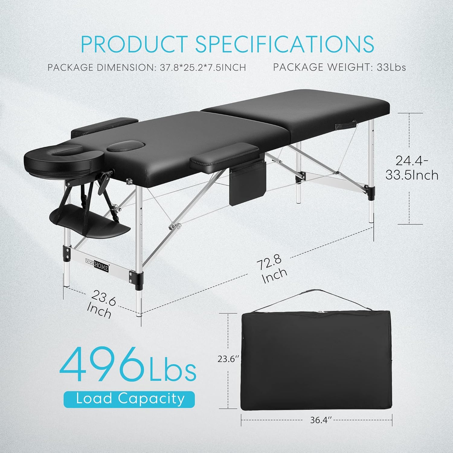VIVOHOME Portable Massage Table Therapy Bed with Height Adjustable Aluminium Legs, Face Cradle and Carry Case for Spa Salon Clinic Lash Tattoo Shop, Black : Beauty & Personal Care