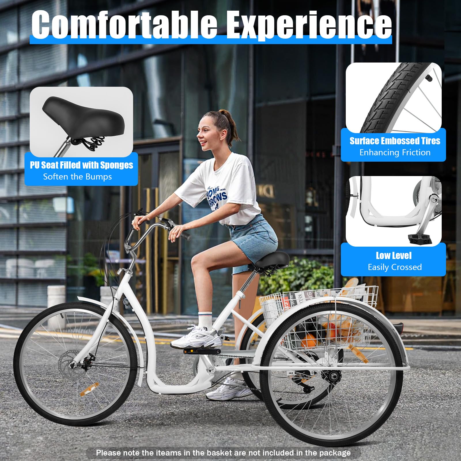 Triciclo adulto de 26 pulgadas, 6 velocidades, soporta 264,55 lbs ajustable para personas mayores, bicicleta de crucero, bicicleta de compras, adecuada para personas mayores para conducir