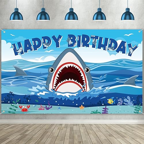 Cartel de fondo de decoración de fiesta de tiburón, decoraciones de cumpleaños de tiburón, fondo de fotografía de zona de tiburones para niños y