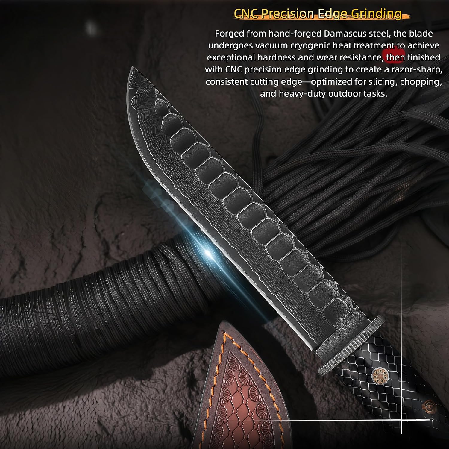 Hand-Forged Damascus Fixed Blade Knife, Stabilized Wood Handle, Premium Damascus Steel Blade, Leather Sheath Included, Lightweight Camping Survival Collection Knife, Knives for Men, Gifts For Husband