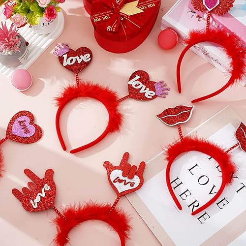 Miniatura 3 de Whaline 6 piezas de diadema para el día de San Valentín diseño de corazón rojo con purpurina decoración de plumas para el día de San Valentín boda