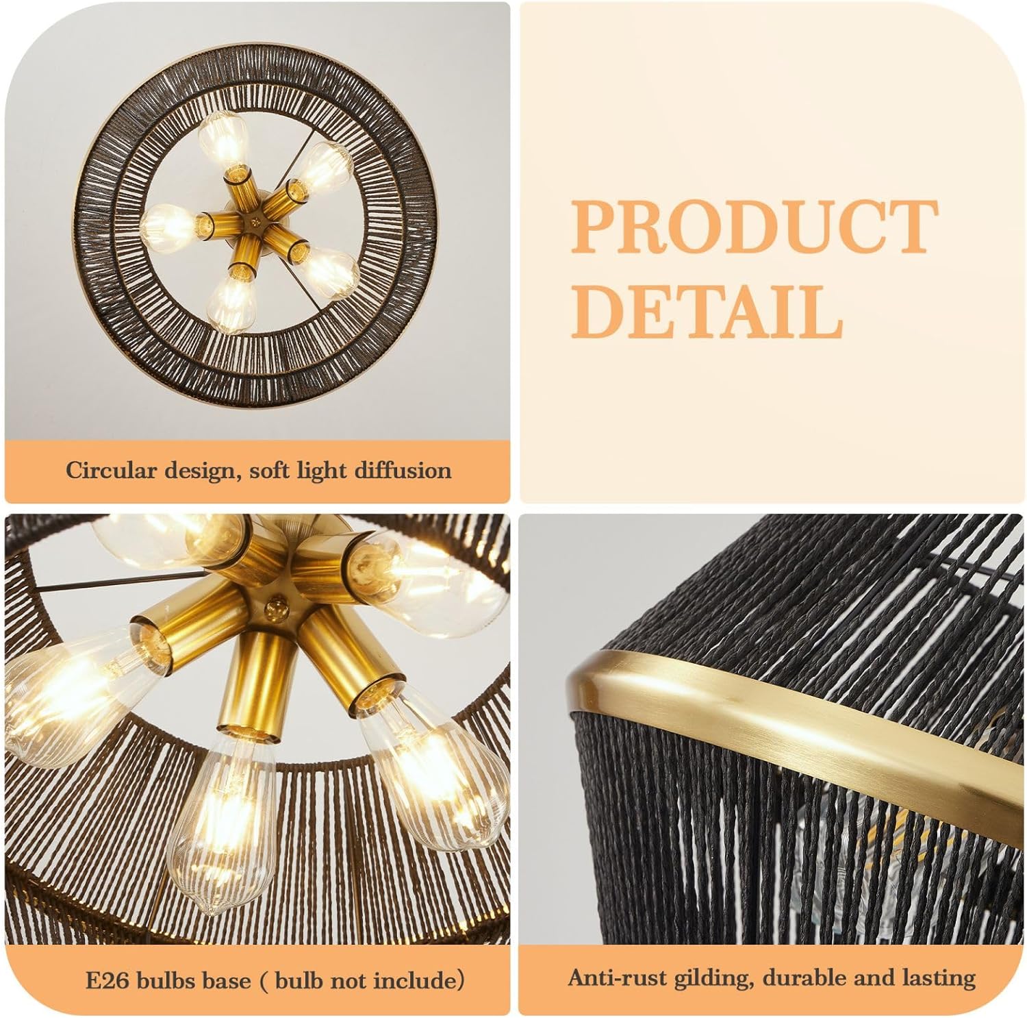 WJShome 5-Light Farmhouse Rattan Chandelier, 19" Black Chandeliers for Dining Room, Rustic Hand Woven Boho Kitchen Island Pendant Lights, for Bedroom Living Room Foyer.