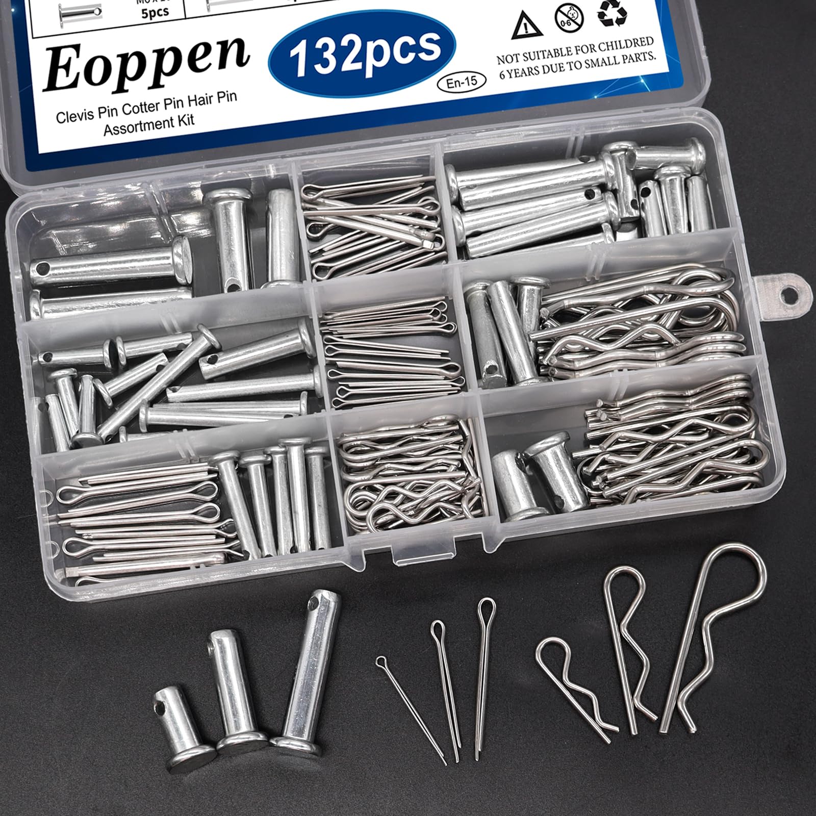 132Pcs Clevis Pin Cotter Pin Hair Pin Assortment Kit - 304 Stainless Steel 15 Sizes Cotter Pin & R Clips Pin Zinc-Plated Single Hole Flat Head Clevis Pins — Amazon image 6