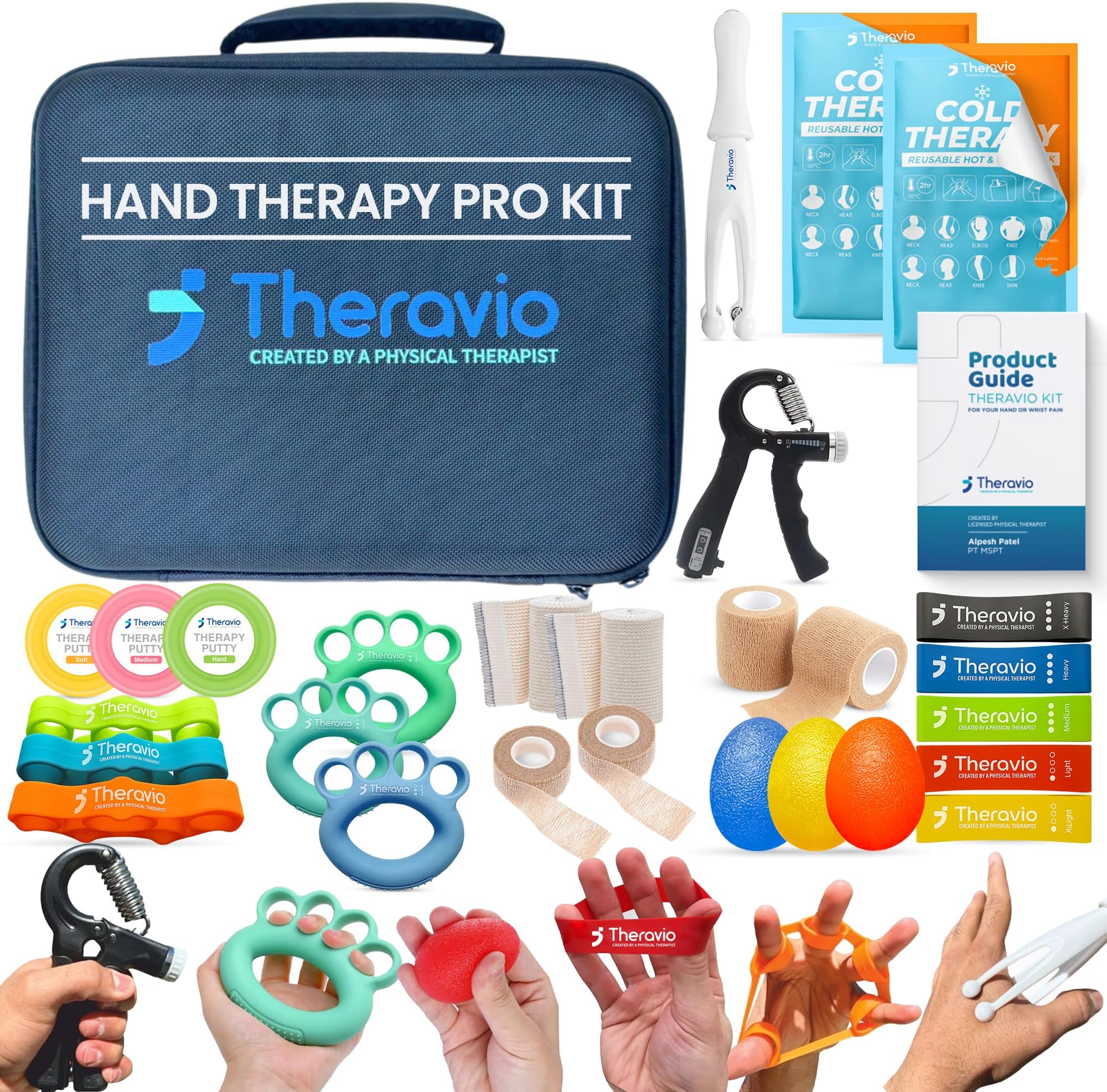 Theravio Pro Hand Therapy Kit with Grip Strength Trainer, Finger Strengthener, Hand Exercise balls For Arthritis, Hand Exerciser For Carpal Tunnel, Hand Gripper Strengthener For Physical Therapy