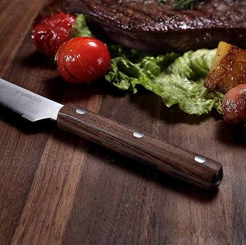 Miniatura 4 de Juego de 8 cuchillos de carne de alta calidad en caja de regalo, mango de madera de wengué de espiga completa, acero inoxidable alemán HC, borde