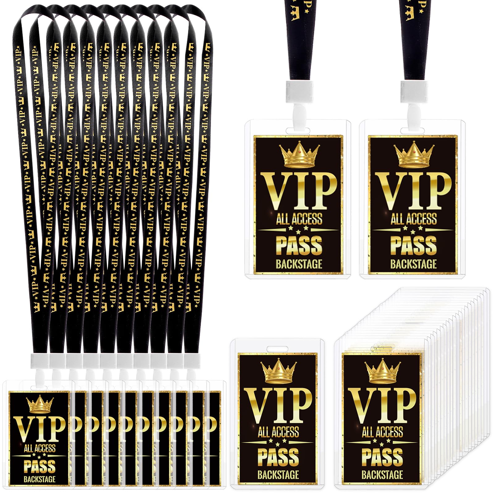 Shknldzsm 50 Sets VIP Badge Lanyards Plastic Clear VIP Backstage Passes Safety Cards with Black Breakaway Lanyard Bulk for Concert Event Birthday