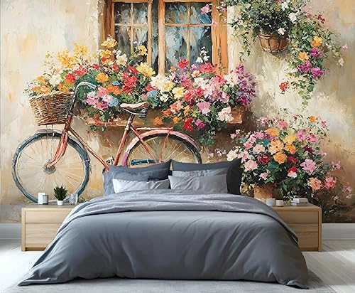 Miniatura 2 de Papel tapiz 3D de bicicleta rosa vintage, murales de flores de paisaje de primavera para sala de estar, pintura al óleo, papel tapiz rústico