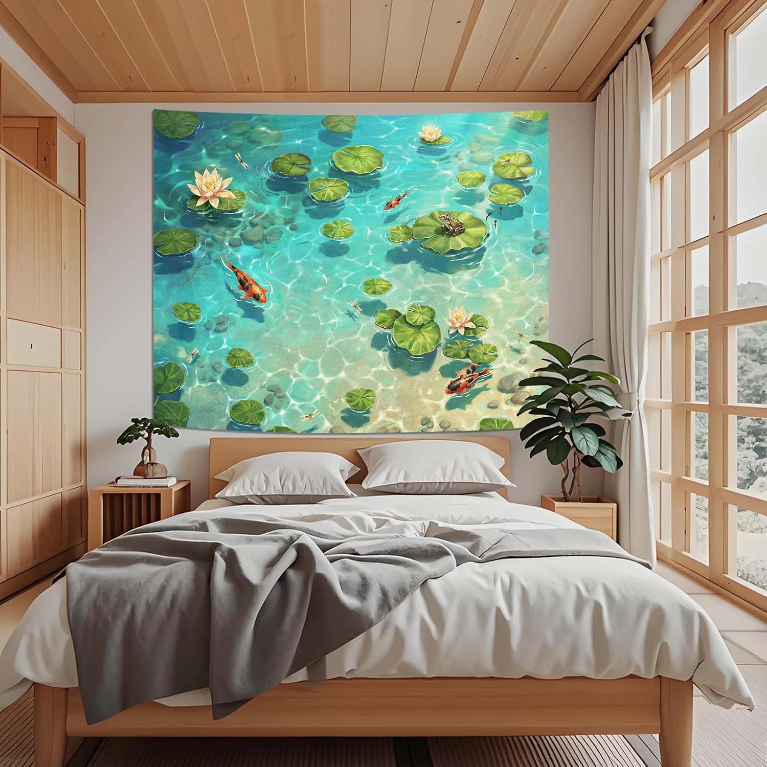 Lifeella Japanese Summer Pond Tapestry, Aesthetic Koi Lotus Lily Zen Nature Art Wall Decor for Bedroom Living Room Dorm, Teal 60x80 inches