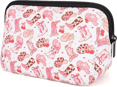 Cosmetic Bag Waterproof Neoprene Zipper Pouch Travel Portable Toiletry Makeup Bags Organizer Case for Women and Girls, Coquette Cowgirl, 7.87x5.11x3.54 inches