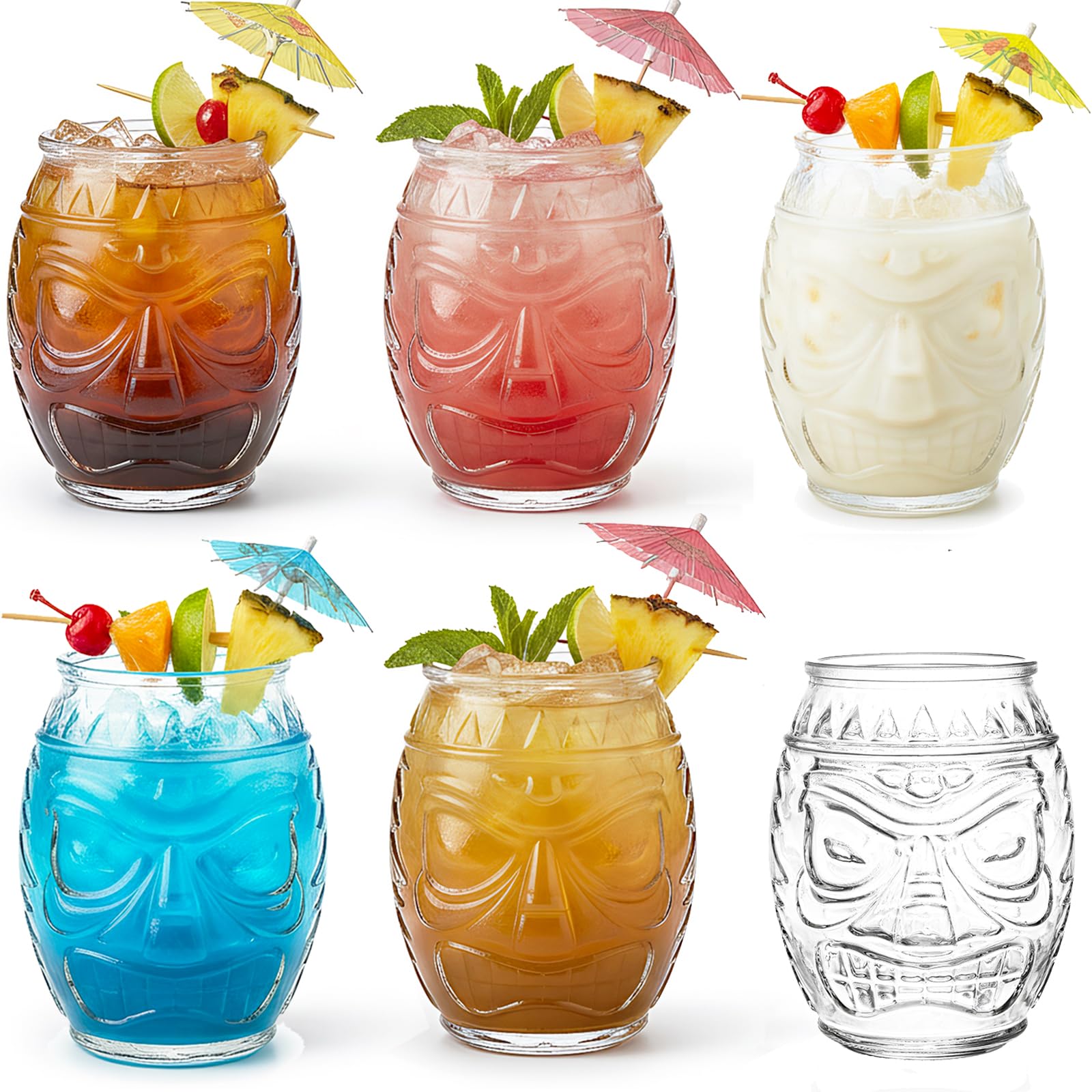 TOPZEA 6 Pack 16 Oz/450 ML Modern Bar Tiki Glass Mug, Clear Tiki Glasses Cups Double Face Old Fashioned Mixed Cocktail Mugs for Mai Tai, Pina Colada, Punch, Hawaiian Luau Halloween Party Drinkware