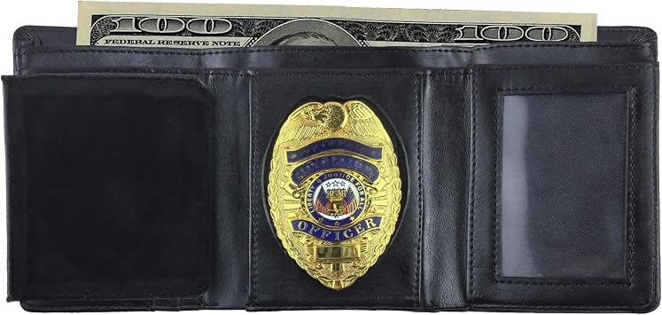 Law Enforcement Badge Wallet, Black Genuine Leather, Eagle Shape Badge Holder, Hidden Police Badge Wallet