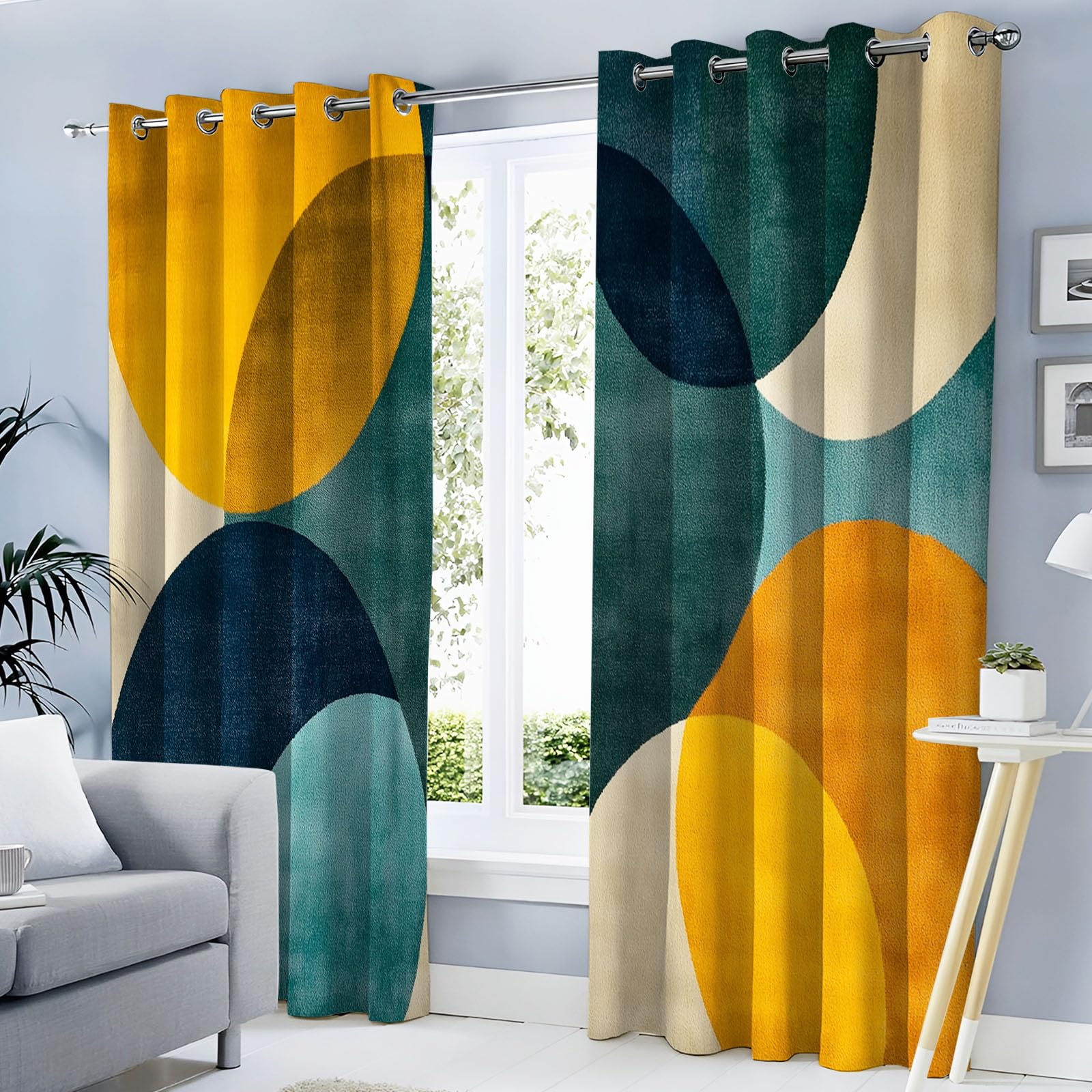 MLSOWM Circle Blackout Curtains, Mustard Yellow Thermal Insulated Curtains, Modern Geometry Printed Ring Top Drapes for Girls Bedroom, W 46" x L 90", 2 Panels