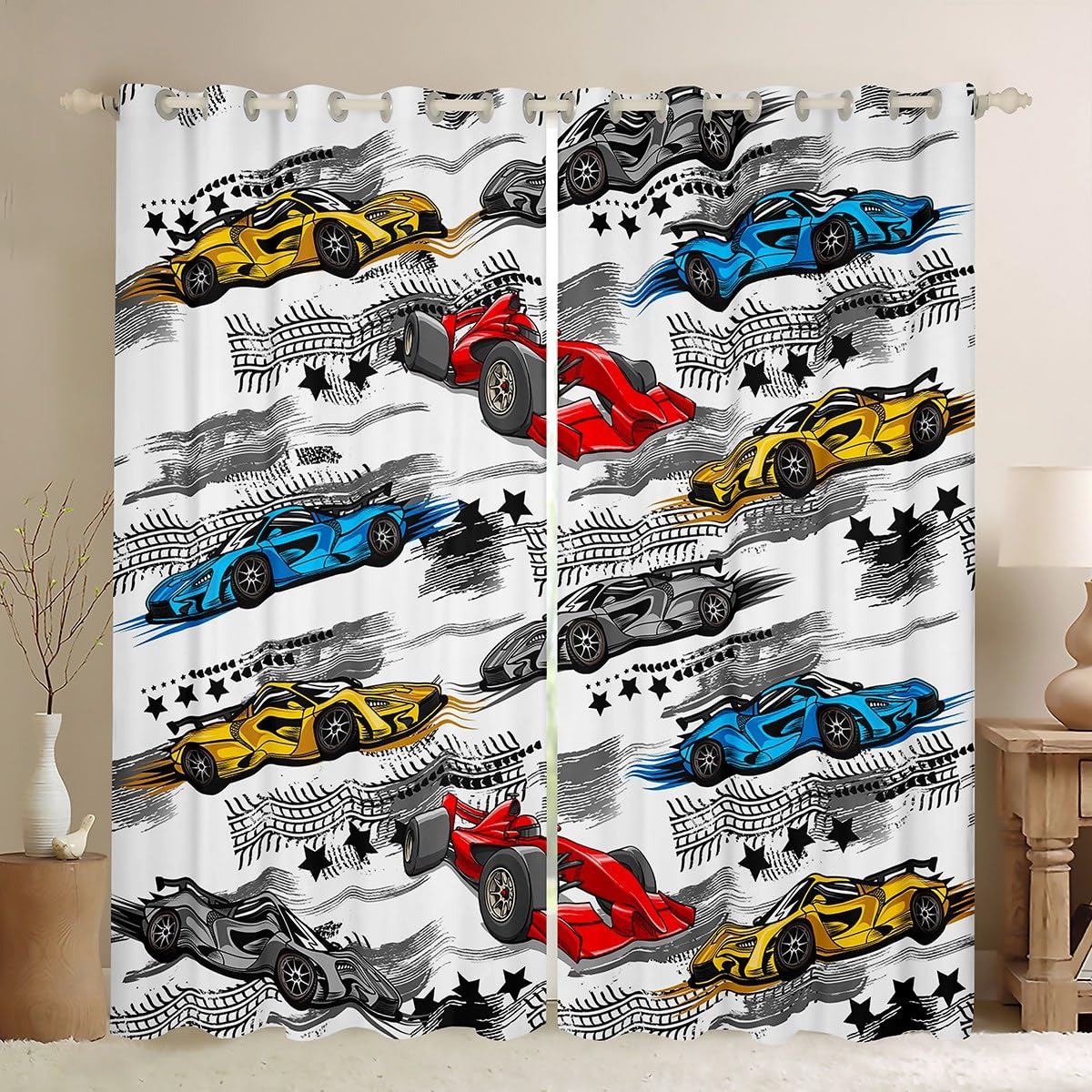 feelingyou Racing Car Curtain Teens Adult Women,Colorful Cars Blackout Curtains for Bedroom,Extreme Sports Draperies for Living Room,Speed Race Car Blackout Curtainss 2 Panels,66Wx72L