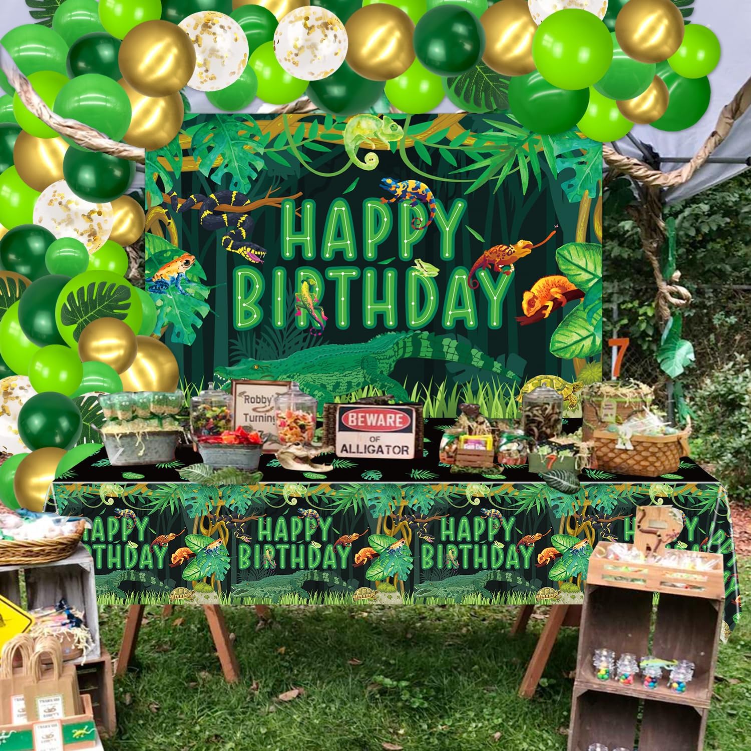 Reptile Birthday Party Supplies, Includes Happy Birthday Backdrop, Tablecloth, Balloons, Jungle Swamp Wilderness Snakes Lizard Alligator Turtle Birthday Decorations for Kids Boys Birthday Party Decor - Image 5