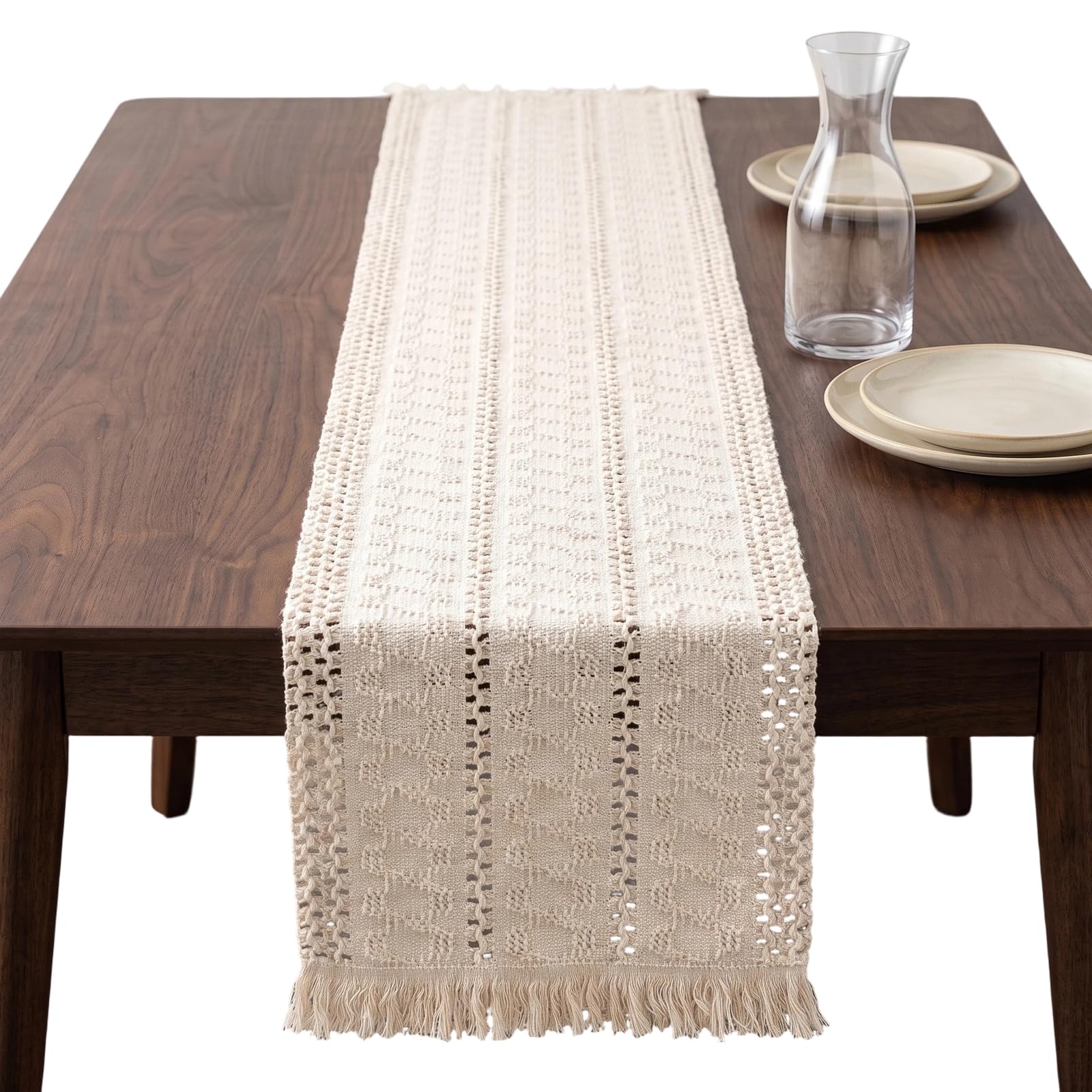 Boho Macrame Table Runner with Tassels, Cream Beige Hand Woven Cotton Linen Table Cloth, for Rustic Farmhouse Kitchen Dining Table Decor, 30 x 240 cm