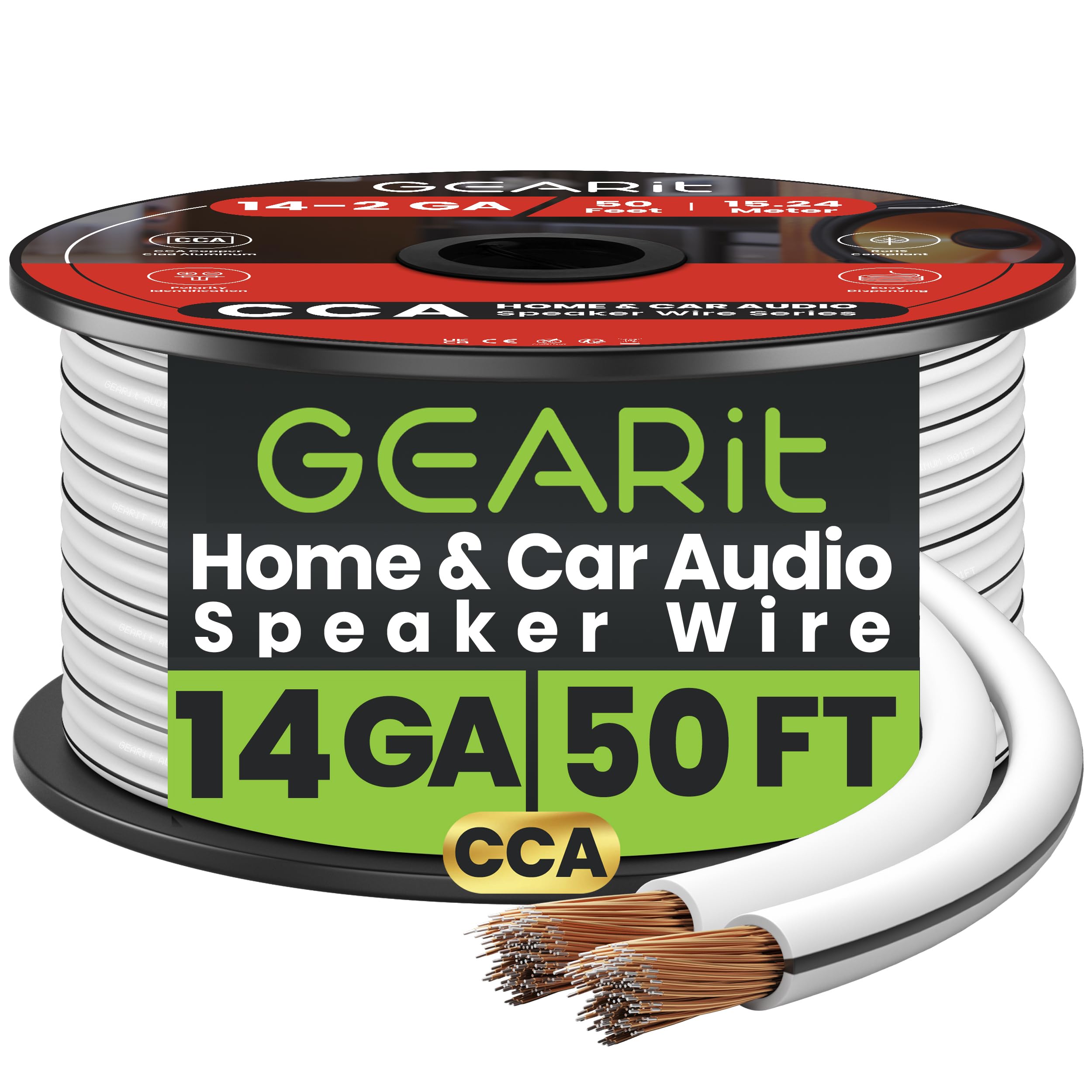 GearIT 14AWG Speaker Wire, Pro Series 14 AWG Gauge Speaker Wire Cable (50 Feet / 15.24 Meters) Great Use for Home Theater Speakers and Car Speakers White