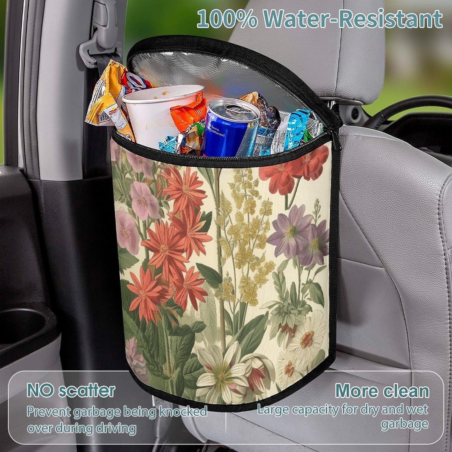 MUSM Leakproof Car Trash Can 2.5 Gallon, Durable Automotive Garbage Bag with Waterproof Liner, Various Flowers Trash Bag for Car, Truck, RV & Bathroom