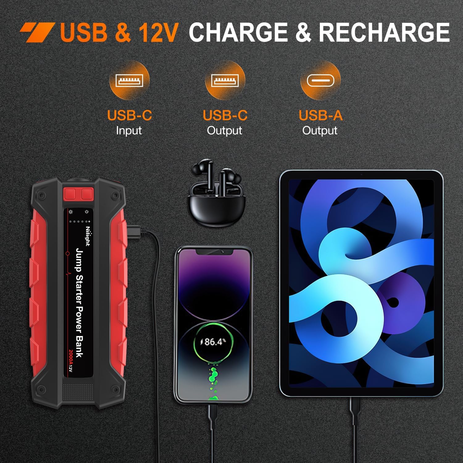 Nilight 2000A Car Battery Jump Starter for Up to 8.0L Gas & 7.0L Diesel Engines 12V Portable Jump Start Booster Pack Jump Box with Jumper Cables DC Output and LED Light