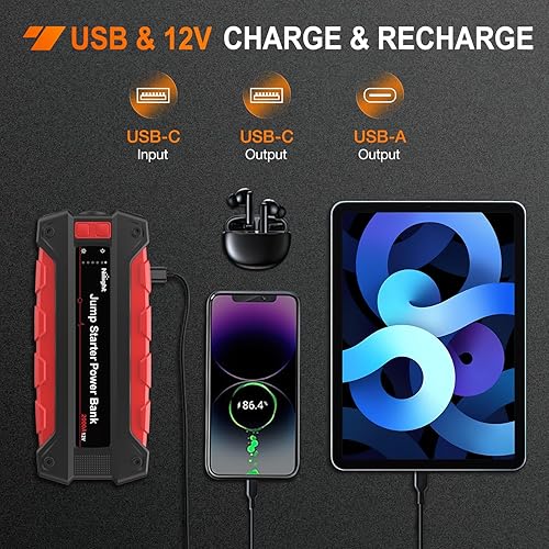 Miniatura 6 de Nilight Arrancador de batería de coche de 2000 A para motores de gasolina de hasta 8.0 L y 7.0 L diésel de 12 V, caja de salto portátil con cables