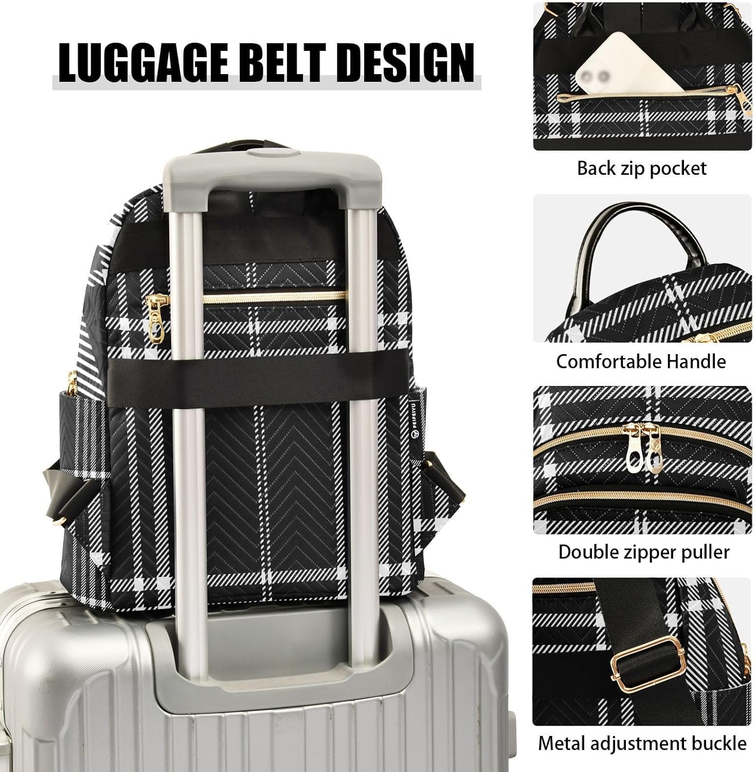 Mini Backpack for Women Black White Plaid Checkered Stripe Small Purse Daypacks Stylish Bags Lightweight Travel Backpacks for College Shopping Work Dating - Image 4