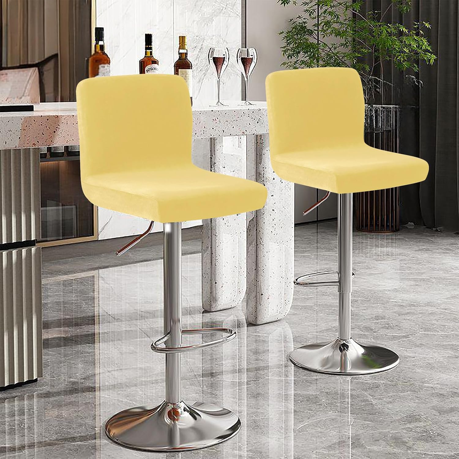 Velvet Bar Stool Covers with Backs 4 Pack, Stretch Swivel bar Stool seat Covers Removable Stool Cover with Elastic Bottom for Kitchen Bar Counter-Yellow-4 Pack