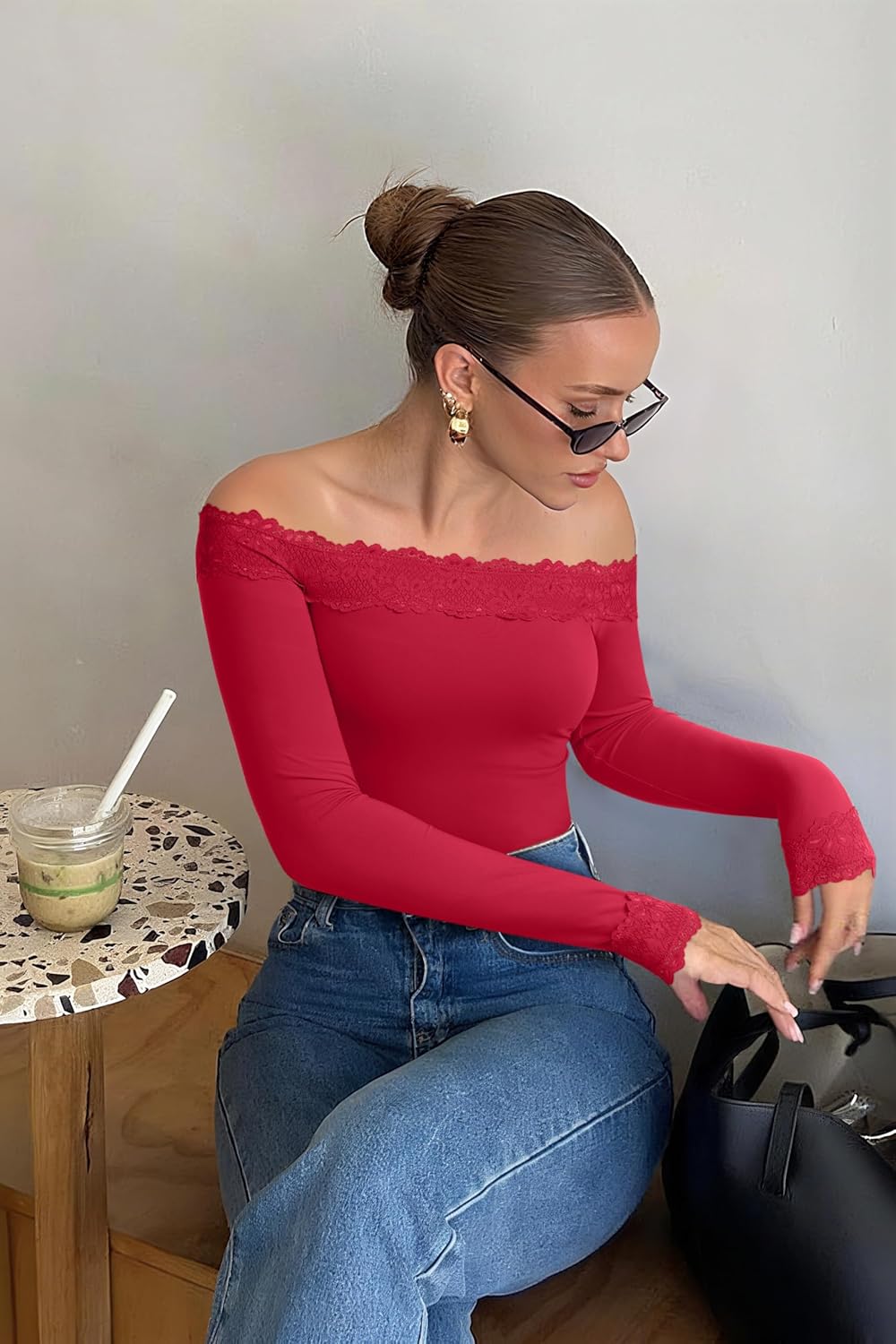 REORIA Women's Sexy Off The Shoulder Long Sleeve Bodysuit Lace Body Suits Going Out Tops Fall Outfit 2025 - Image 5