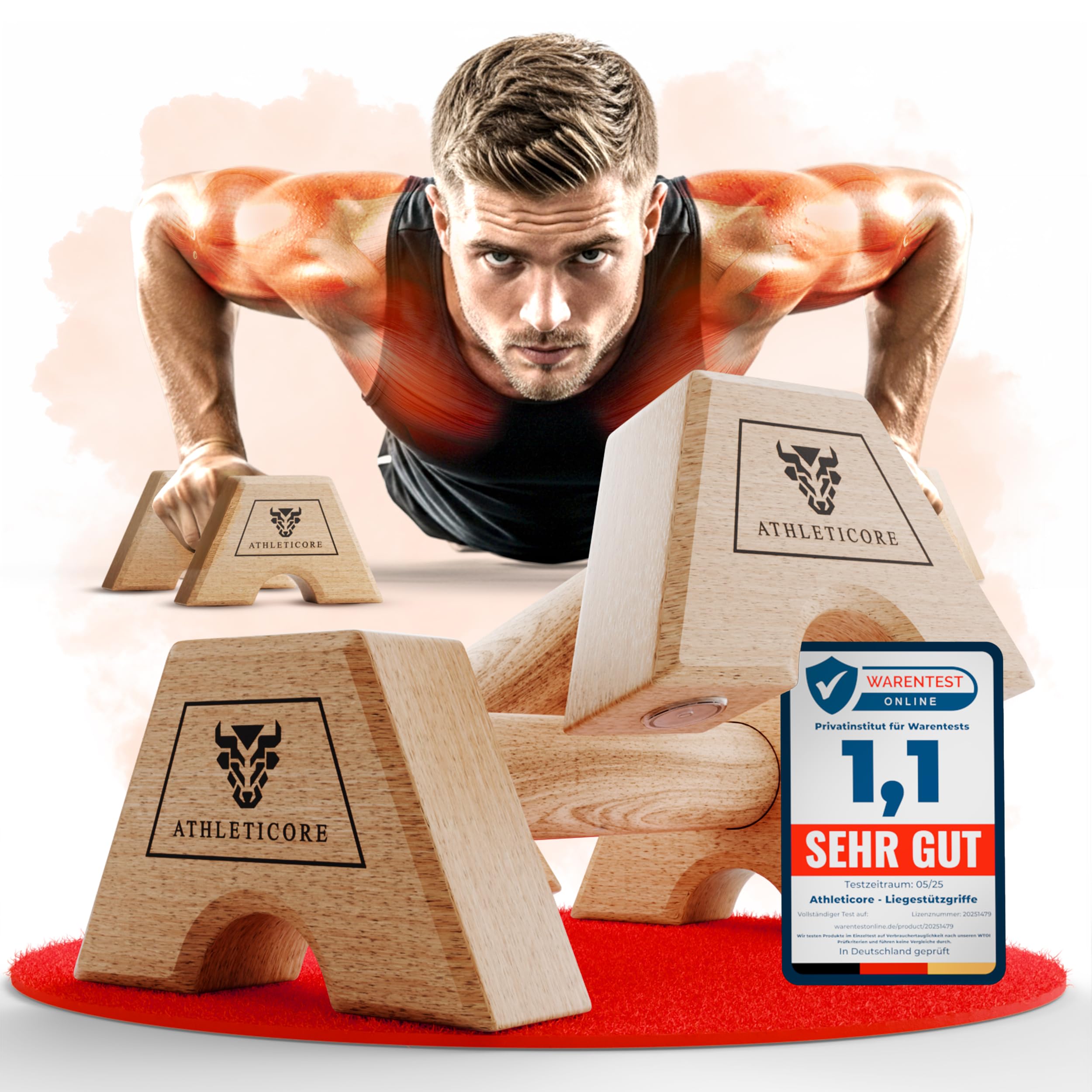 Liegestützgriffe Set (2x) aus Buchenholz - ohne Wackeln - gelenkschonend & rutschfest – Parallettes für Indoor & Outdoor – Optimal für Handstand & Liegestütze - Fitnessgeräte für Zuhause
