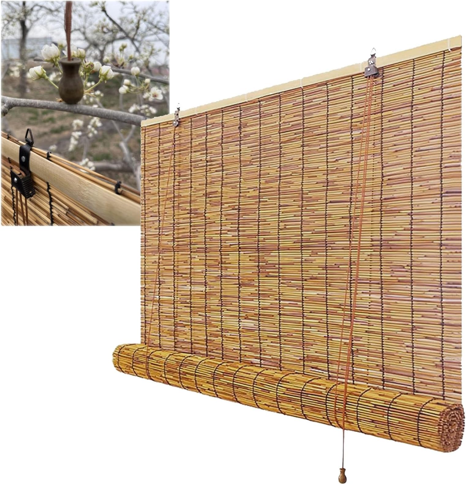 Outdoor Reed Roller Blinds Bamboo Roll Up Shade, Natural Bamboo Blind Roman Privacy Curtains with Lifter, Cordless Sun Shades for Windows Patio 20 32 46 52 56 60 62 66 72 77 in(48"W x 96"H)
