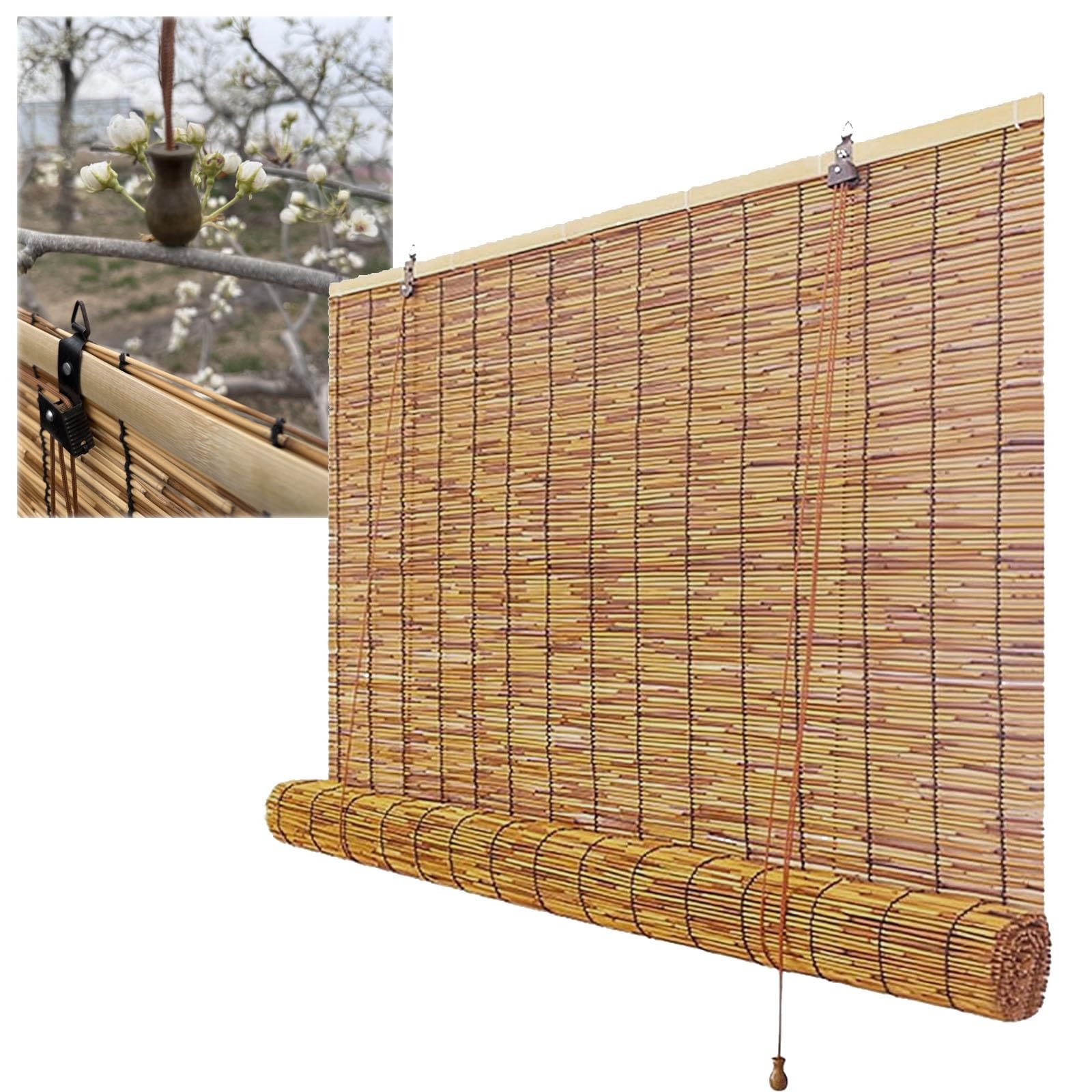 Outdoor Reed Roller Blinds Bamboo Roll Up Shade, Natural Bamboo Blind Roman Privacy Curtains with Lifter, Cordless Sun Shades for Windows Patio 20 32 46 52 56 60 62 66 72 77 in(48"W x 96"H)