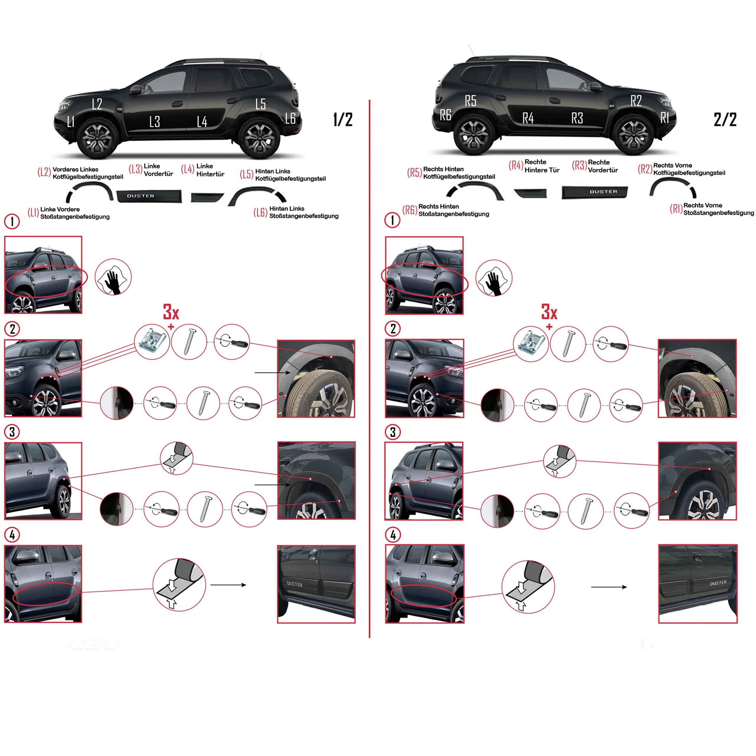 INLY 14 Pezzi Passaruota Protezione per paraurti Parafanghi e protezione veicolo Strisce di Protezione per laterale Protezione veicolo carrozzeria Kit NERO ABS compatibile con Dacia Duster (2018-2024)