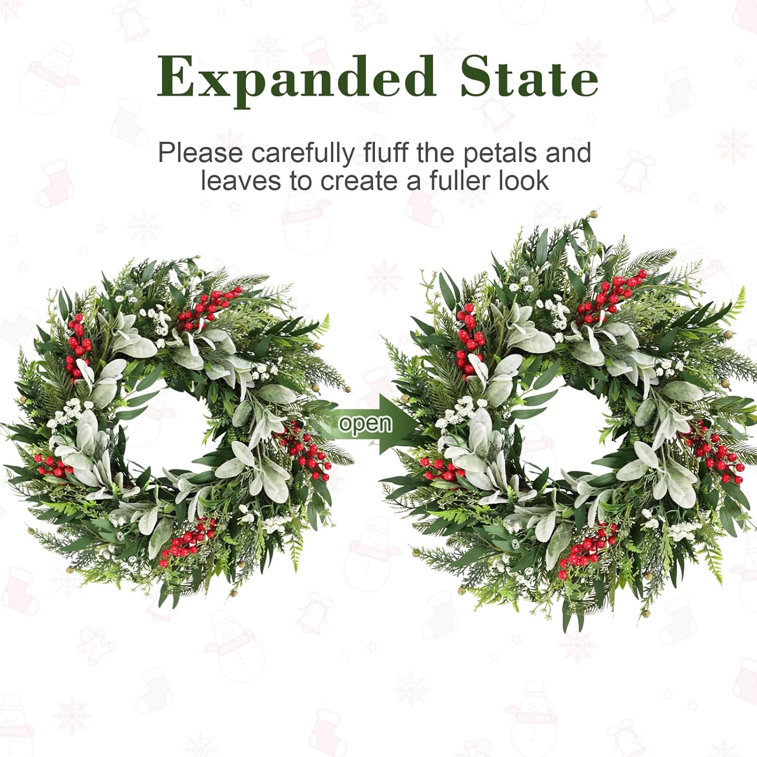 22" Realistic Christmas Wreath with Red Berries, Winter Eucalyptus Artificial Faux Evergreen Wreath Greenery Decoration for Front Door Window Home Wall Farmhouse Holiday Outdoor Indoor Décor - Image 4