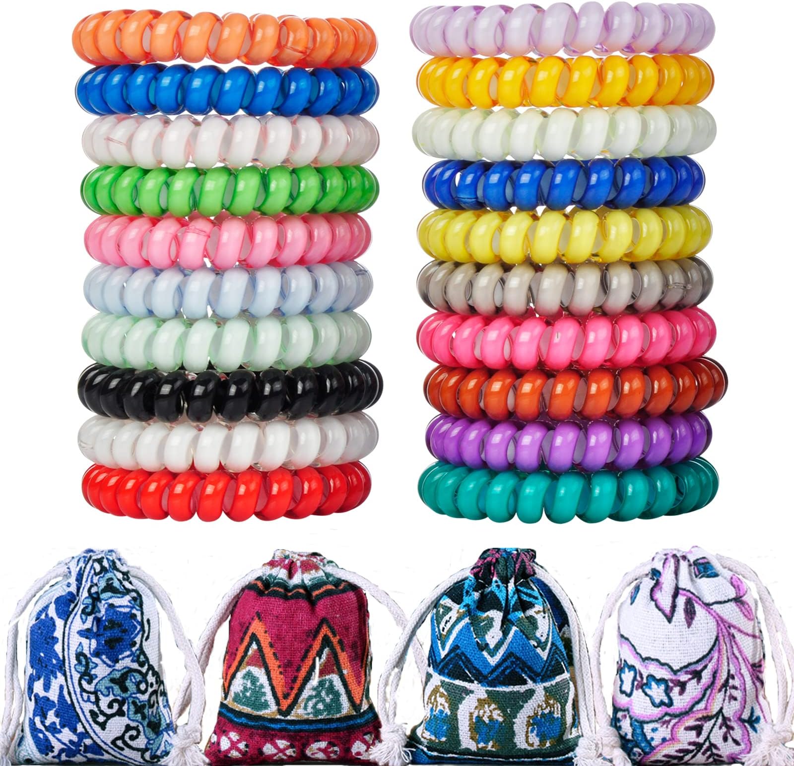 LuzGod 20 Color 20 PCS Spiral Coil Bracelet Hair Ties Bulk Waterproof Telephone Cord Scrunchies Tellie Ties Ponytail Holder Perfect for Thin Fine Thick Hair for girlfriend Girl Children Mothers Moms Women Men Teenager