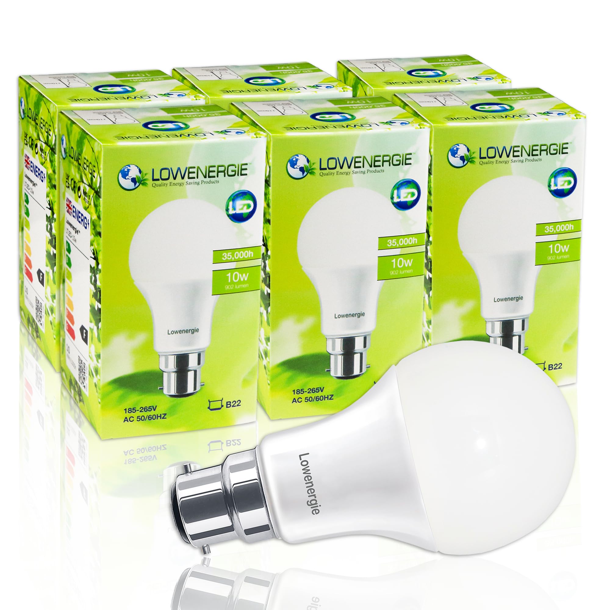 LOWENERGIE LED Light Bulbs 10W B22 Bayonet Cool White 4000K A60 GLS Lamps – Pack of 6, 75W Equivalent Energy-Saving Lighting [Energy Class F]