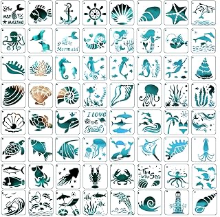 64 Pieces Ocean Stencils for Painting, 3 Inch DIY Stencils for Crafts Reusable, Spray Paint Stencil Set for Wood Fabric Rock Chalkboard Wall Home Decor