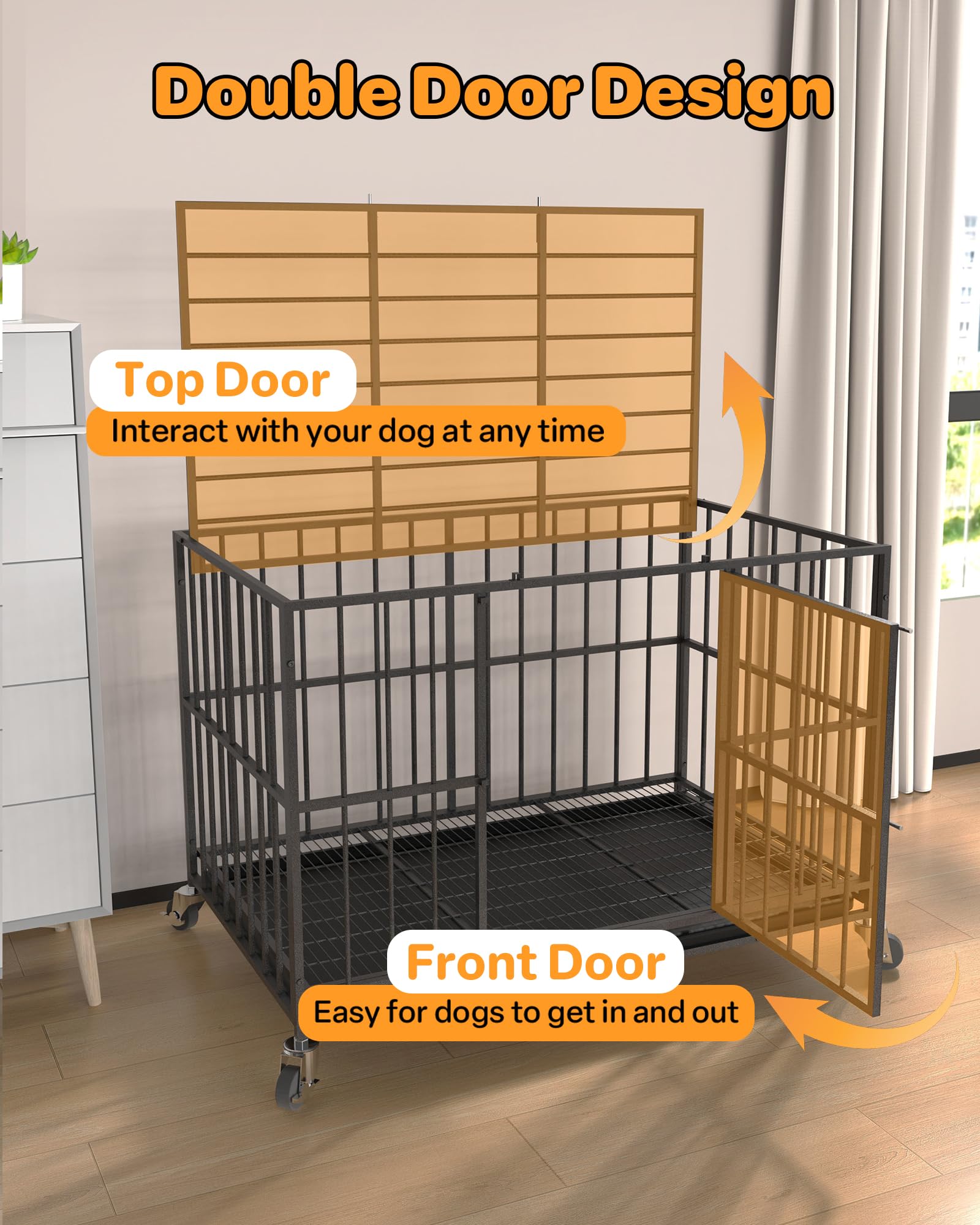 38 in Heavy Duty Dog Crate Steel Escape Proof, Indoor Double Doors and Lockable Wheels,Removable Tray, for Small and Medium Dog Breeds - image 4