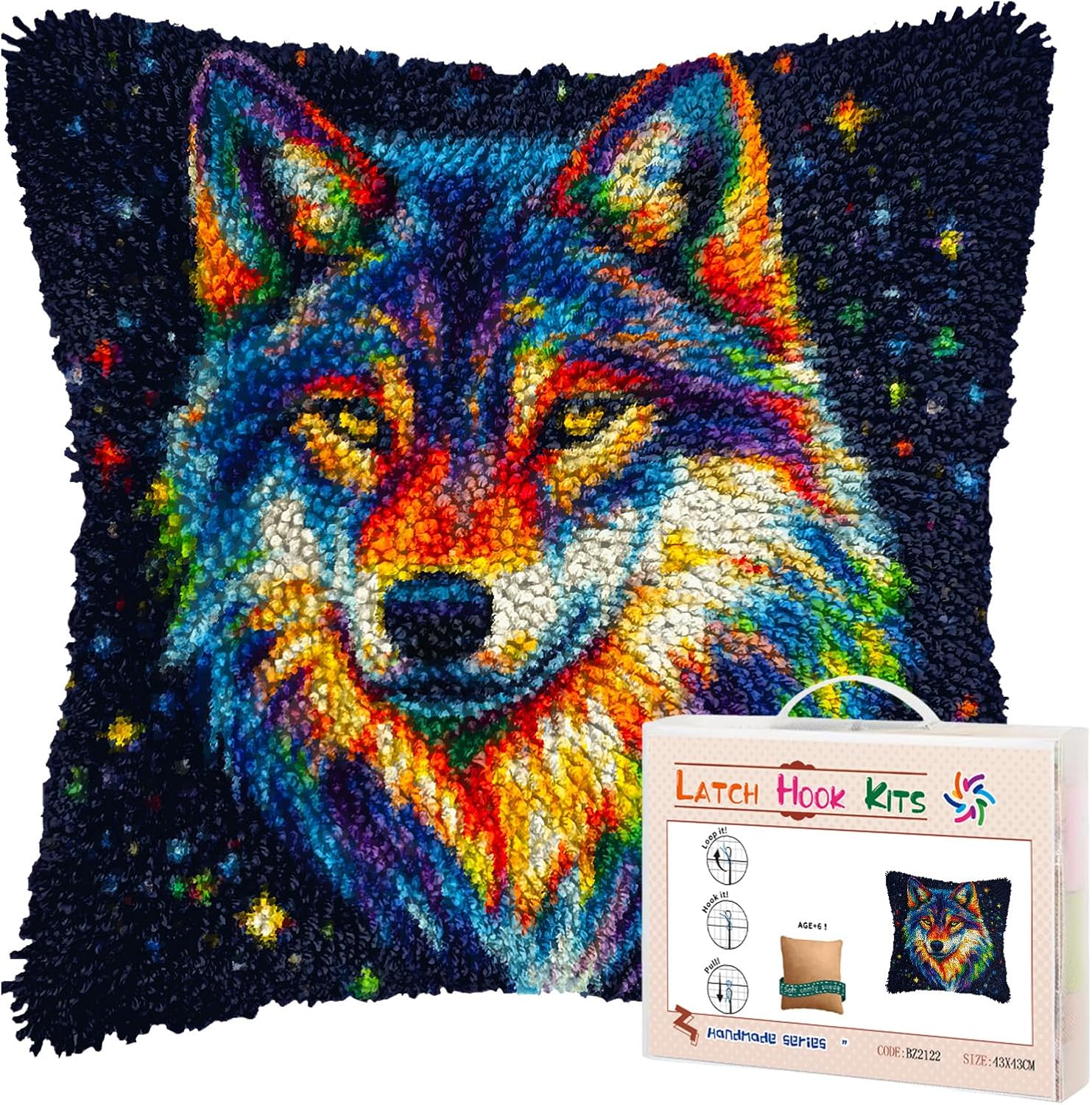 DIY Latch Hook Pillow Kits Starry Colorful Wolf Printed Pillowcase Crochet Yarns Hooking Handmade Pillow Cover Cushion for Home Sofa Decoration 17x17inch-1
