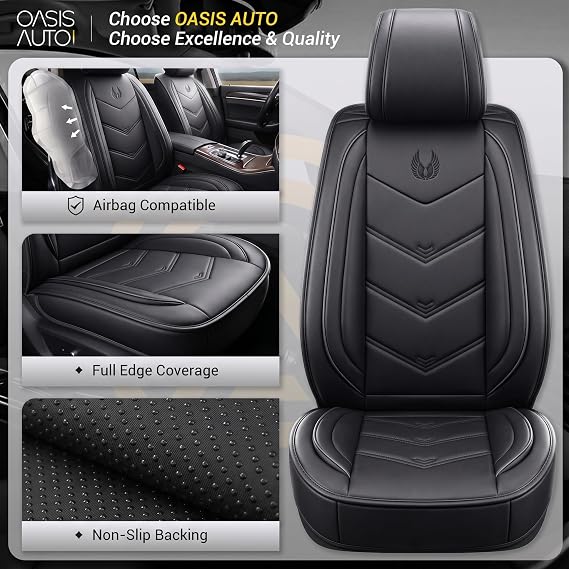 OASIS AUTO Seat Covers Full Set, Black Seat Covers for Cars 5 Seats, Car Seat Protector, Waterproof Faux Leather Car Seat Cushion, Front and Rear Car Seat Cover Fit for Most Cars (OS-003 Black)
