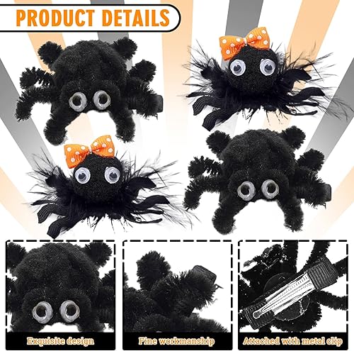 Miniatura 3 de Whaline Paquete de 4 pinzas para el pelo de araña de Halloween, lindo lazo de araña negra, agarres para el pelo, cinta de grogrén, pluma, hechos a