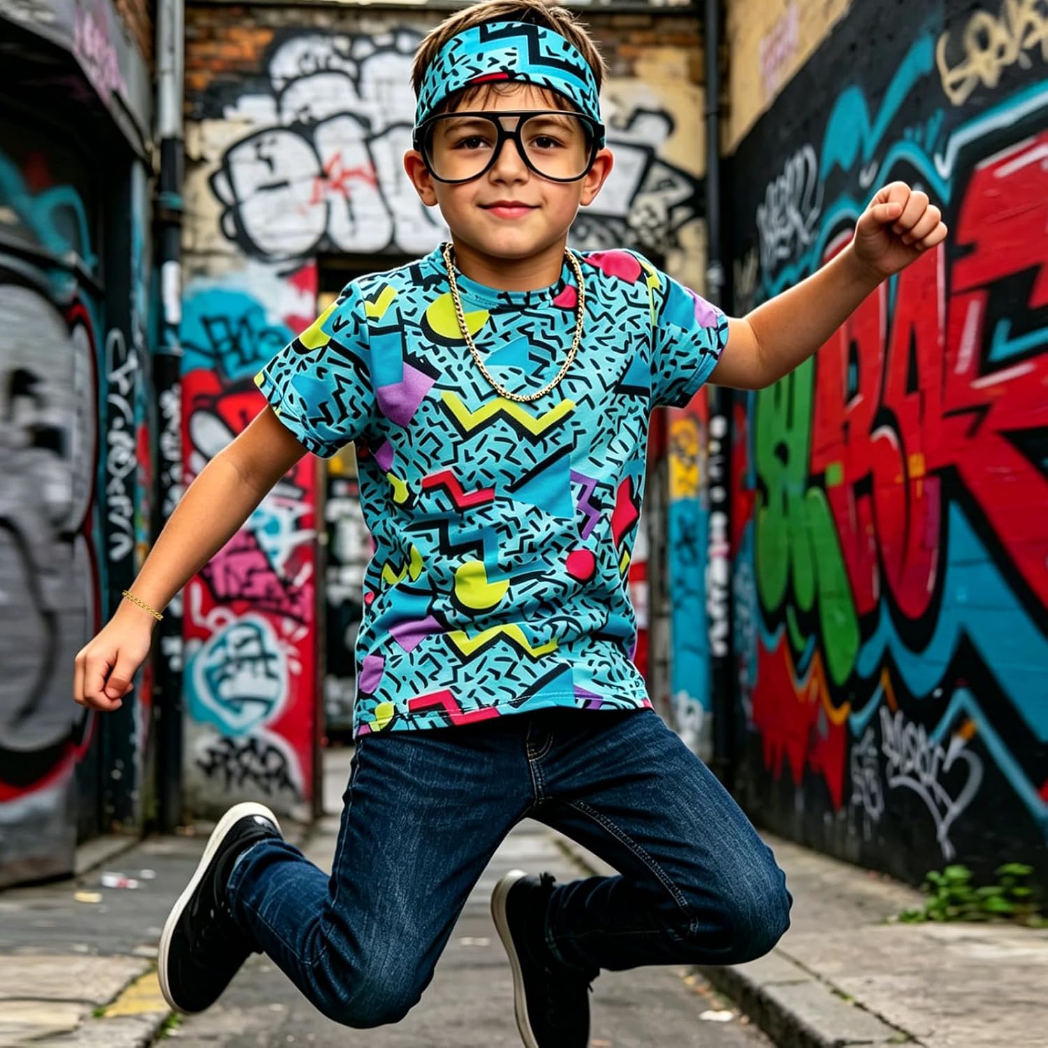 6Pcs Boys 80s 90s Hip Hop Costume Retro Tee Outfit Halloween Party Wear
