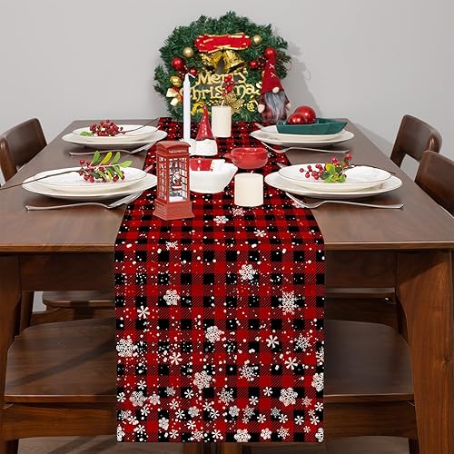 Miniatura 3 de Camino de mesa de Navidad de búfalo rojo a cuadros de copo de nieve de 90 pulgadas de largo, decoración de mesa de comedor de cocina de invierno