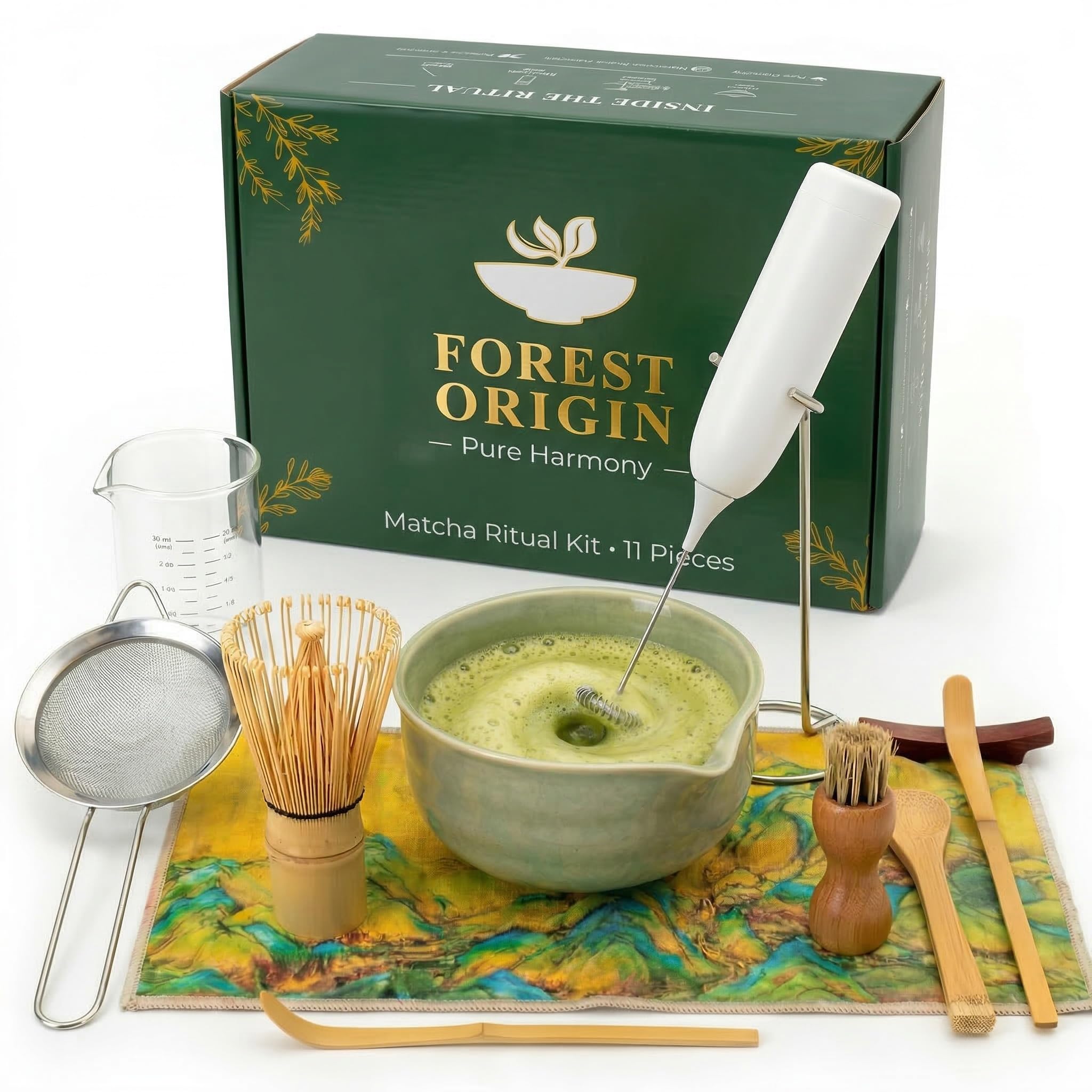 Kit Té Matcha de 11 Piezas con Batidor Eléctrico Espuma y Set Completo Accesorios Tradicionales Cuenco Ceramica Tamiz Bambú Preparacion Ritual Auténtico Iniciación Regalo Premium