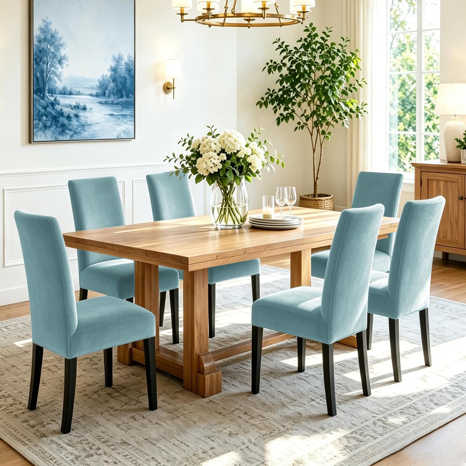 YEMYHOM Real Velvet Dining Chair Covers Set of 4, Stretch Parsons Chair Slipcovers, Super Soft Removable Washable Kitchen Chair Protector Cover for Dining Room, Restaurant, Banquet (Dusty Blue)