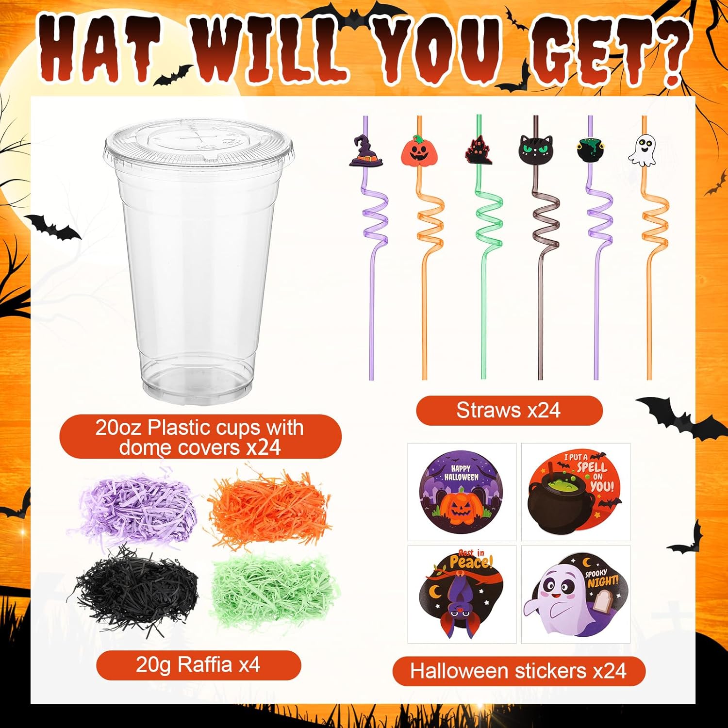 100 Pcs Halloween Party Favors Gift Cups Filler for Student, Trick or Treat Plastic Cups with Lid Silly Straw and Raffia for Classroom Gift Halloween Party Goodie Bag Decoration(Classic,Black) - Image 4
